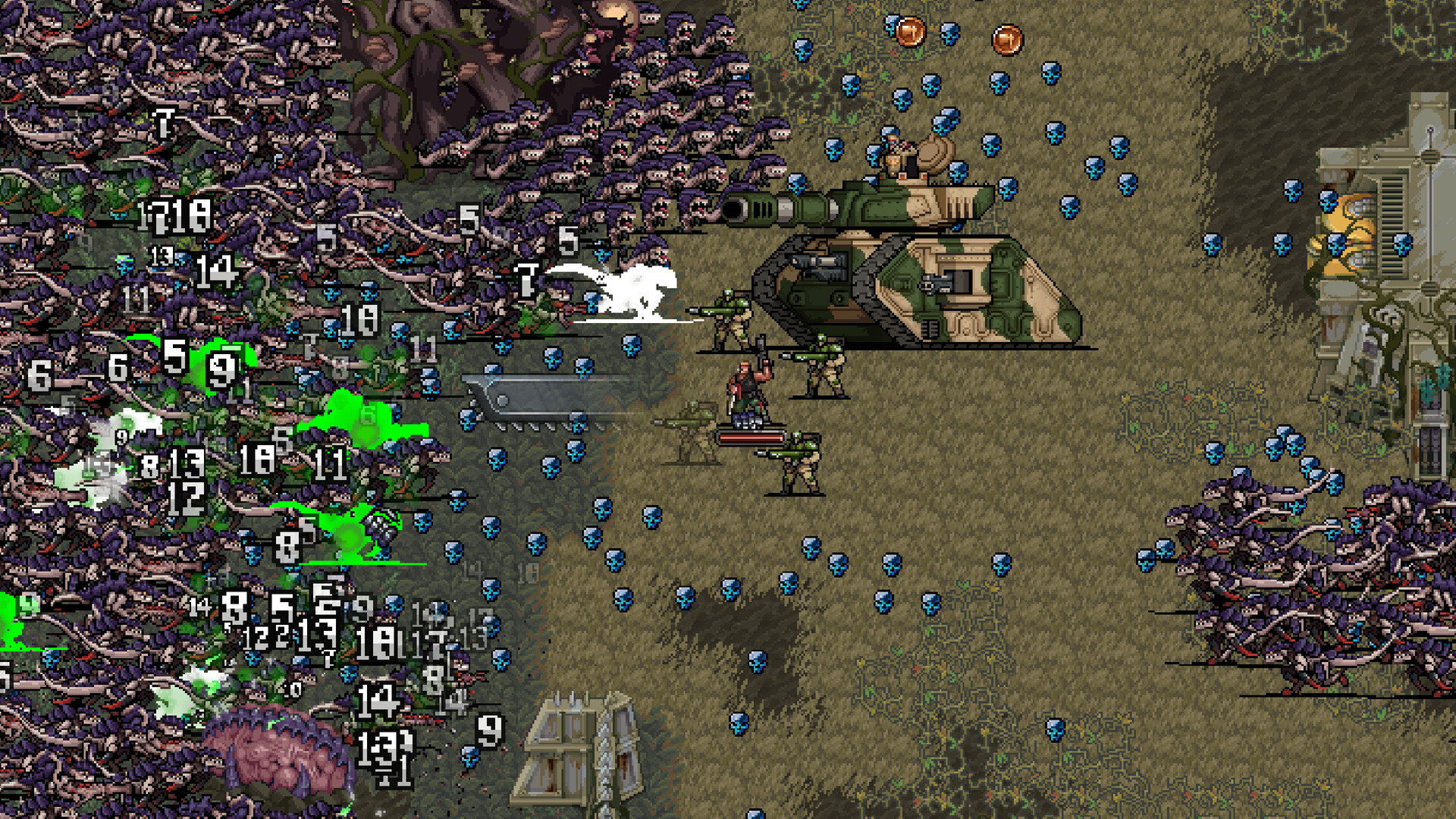 Warhammer Survivors pixel-art screenshot: a huge horde of green-blooded enemies on a grassy battlefield.