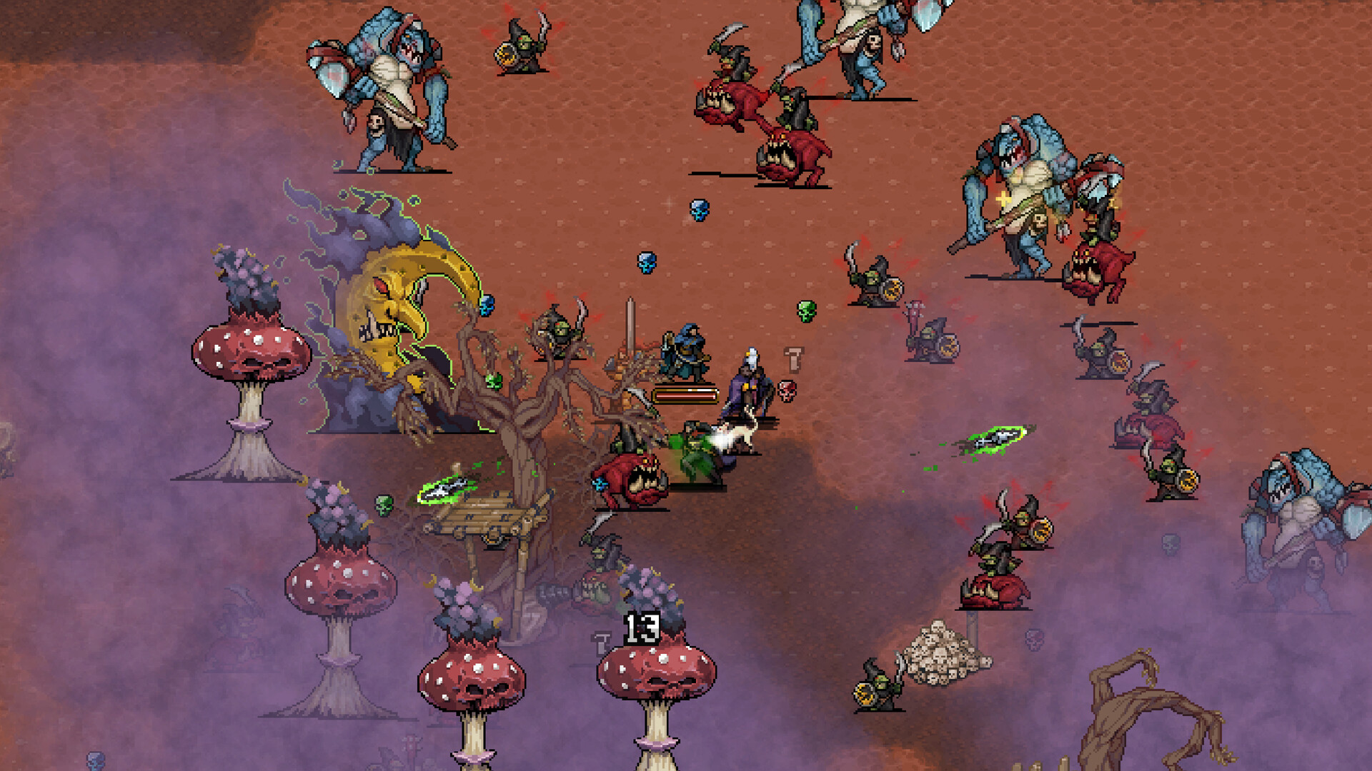 Warhammer Survivors pixel-art screenshot: enemies among mushroom-like growths on purple ground.